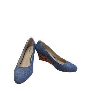 Rialto Womens Blue Denim Floral Cork 3" Wedge Heel Shoes Size 9.5M SKU 8247
